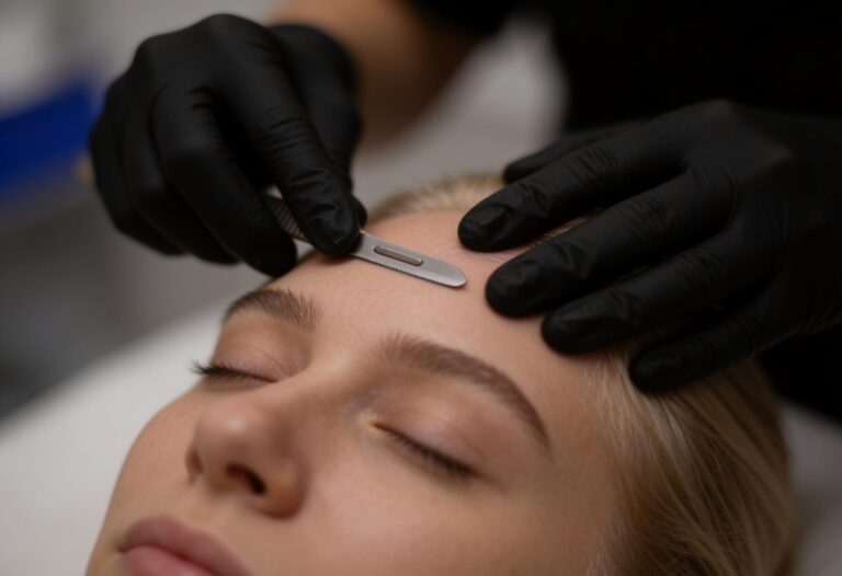 Aesthetician dermaplaning a woman's forehead with a blade to remove dead skin and peach fuzz.